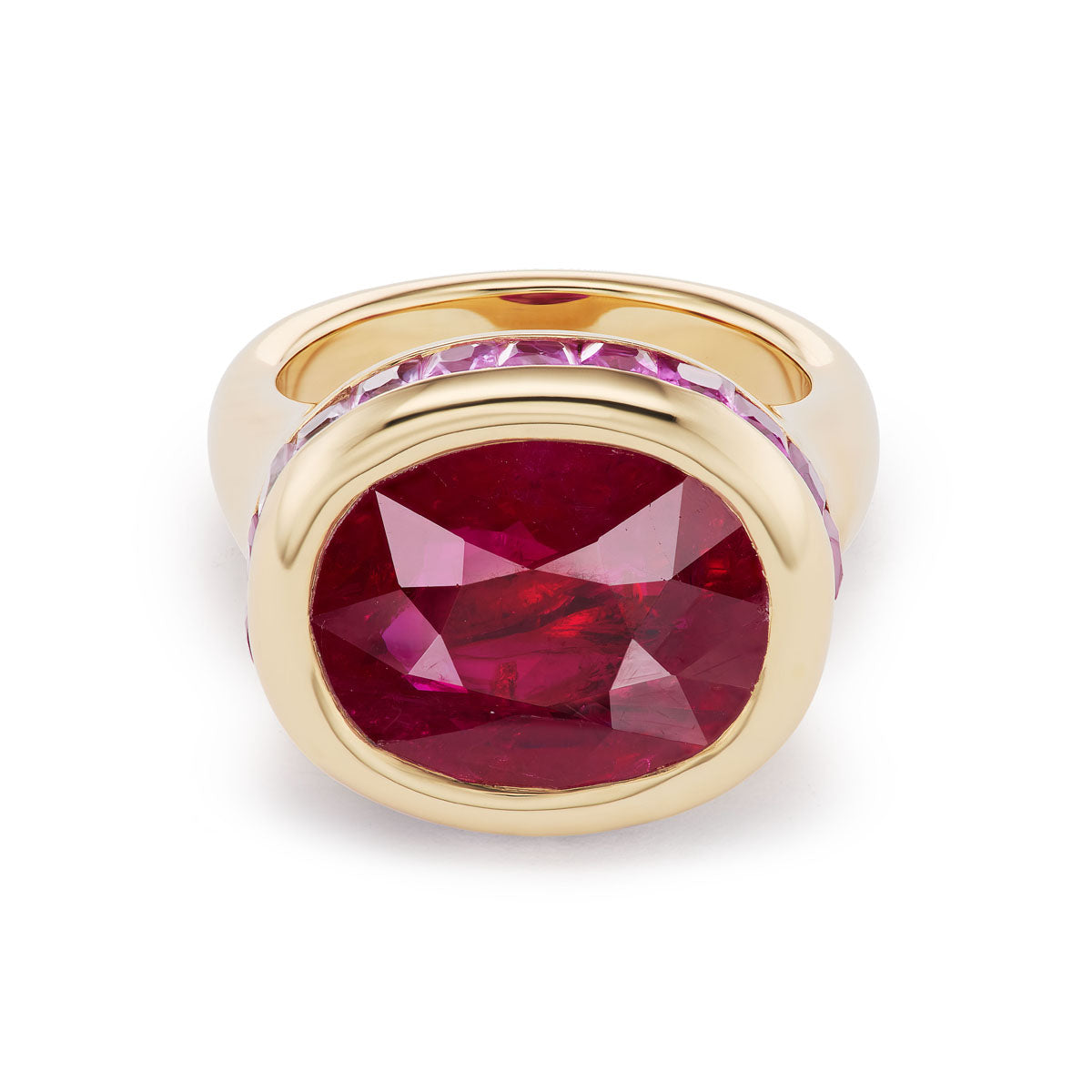 One of a Kind Crown Ring with Oval Ruby and Ombre Rubies Pink