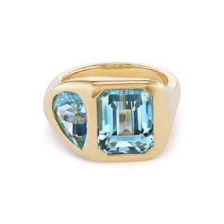 One-of-a-Kind Two-Stone BNS Ring with Emerald-Cut and Pearshape Aquamarine