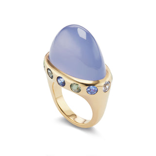 One-of-a-Kind Crown Ring with Blue Chalcedony and Multi-Colored Sapphires