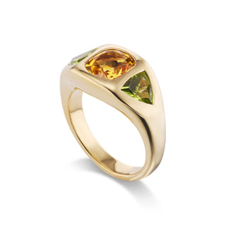 One-of-a-Kind BNS Ring with Citrine Cushion and Peridot Triangle Sides