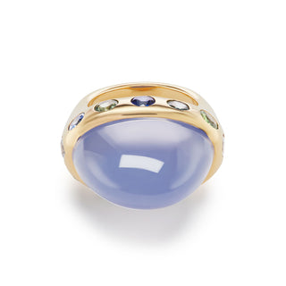 One-of-a-Kind Crown Ring with Blue Chalcedony and Multi-Colored Sapphires