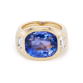 One-of-a-Kind BNS Ring with East-West Cushion Blue Sapphire and Diamond Trapezoid Sides