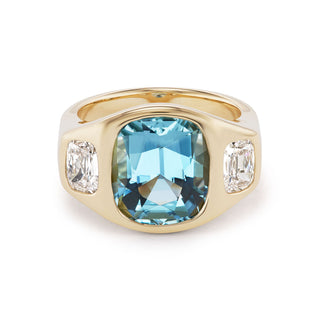 One-of-a-Kind BNS Ring with Aquamarine Cushion and Cushion Diamond Sides