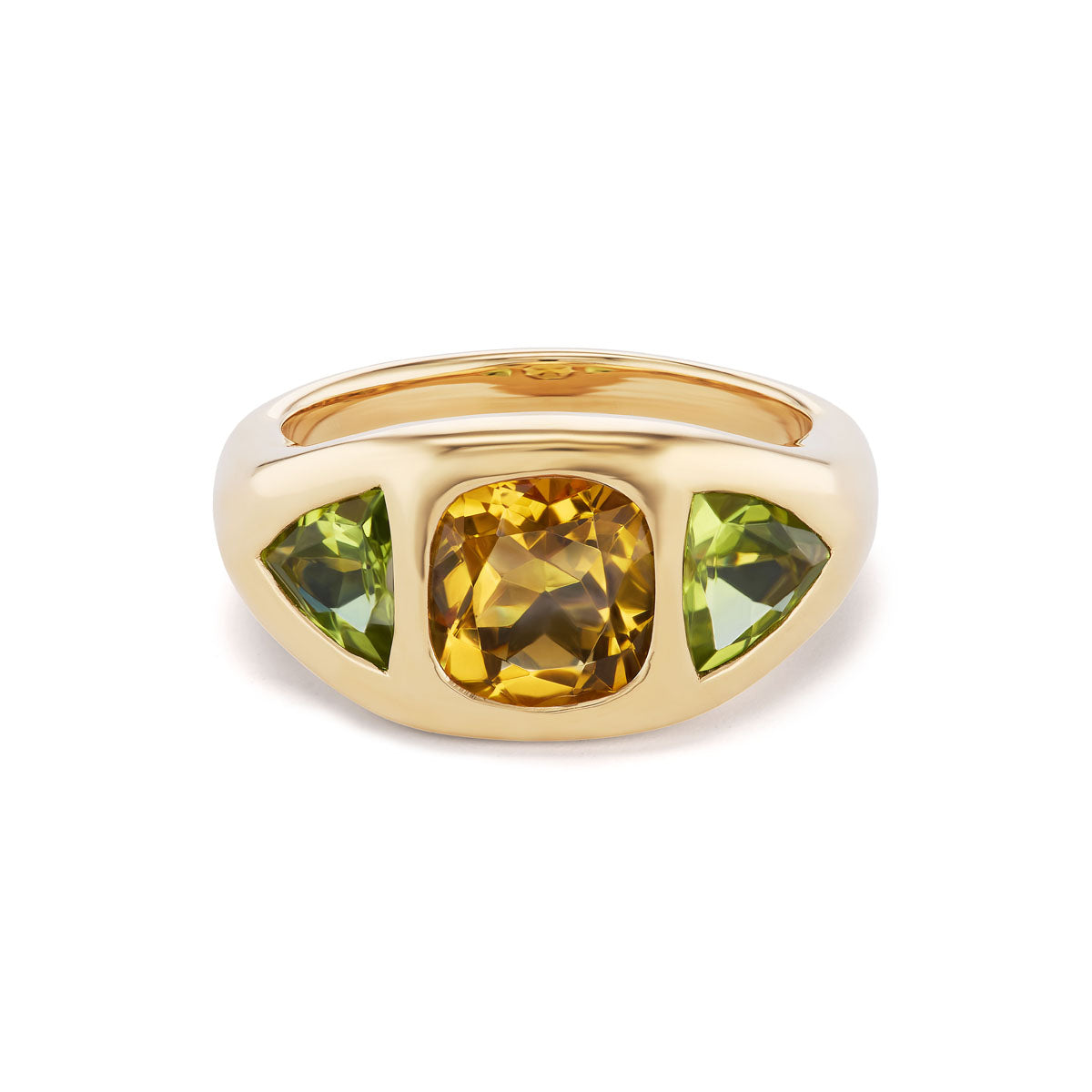 One-of-a-Kind BNS Ring with Citrine Cushion and Peridot Triangle