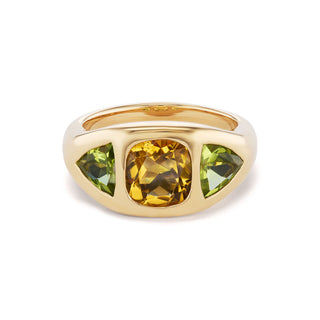 One-of-a-Kind BNS Ring with Citrine Cushion and Peridot Triangle Sides