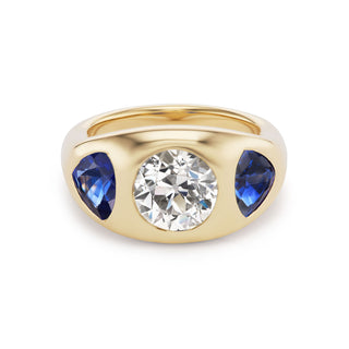 One-of-a-Kind BNS Ring with Round Diamond and Blue Sapphire Triangle Sides