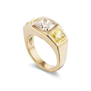 One-of-a-Kind BNS Ring with Cushion Diamond and Yellow Diamond Sides