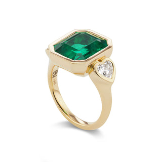 One-of-a-Kind Bezel Ring with Emerald and Diamond Heart Sides