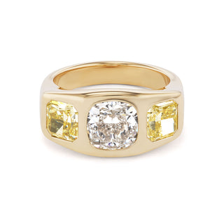 One-of-a-Kind BNS Ring with Cushion Diamond and Yellow Diamond Sides