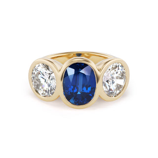 One-of-a-Kind Pillow Ring with Oval Blue Sapphire and Round Diamond Sides