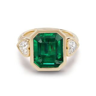 One-of-a-Kind Bezel Ring with Emerald and Diamond Heart Sides