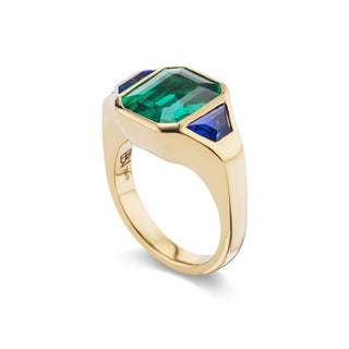 One-of-a-Kind BNS Ring with North-South Emerald-Cut Emerald and Blue Sapphire Trapezoid Sides