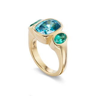 One-of-a-Kind BNS Ring with Oval Blue Zircon and Oval Emerald Sides