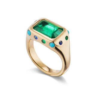 One-of-a-Kind Crown Ring with Emerald and Turquoise, Sapphire & Emeralds