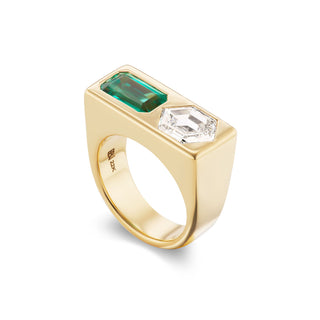 One-of-a-Kind Two-Stone BNS Ring with Emerald and Hexagon Diamond