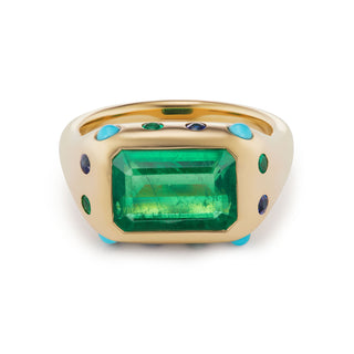 One-of-a-Kind Crown Ring with Emerald and Turquoise, Sapphire & Emeralds