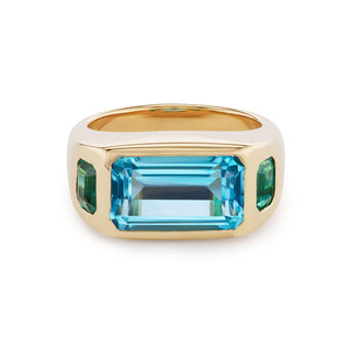 BNS Ring with Emerald-Cut Blue Topaz and Emerald Trapezoid Sides