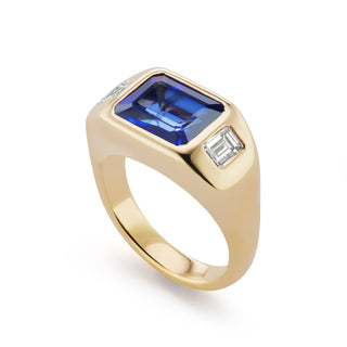 One-of-a-Kind BNS Ring with Emerald-Cut Sapphire and Emerald-Cut Diamond Sides