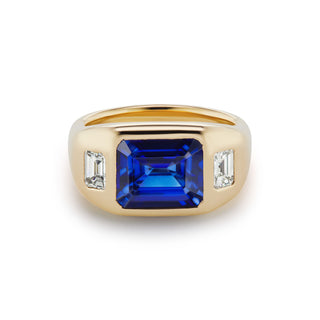 One-of-a-Kind BNS Ring with Emerald-Cut Sapphire and Emerald-Cut Diamond Sides