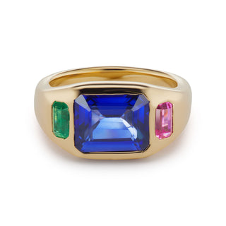 One-of-a-Kind BNS Ring with Blue Sapphire and Emerald & Pink Topaz Sides
