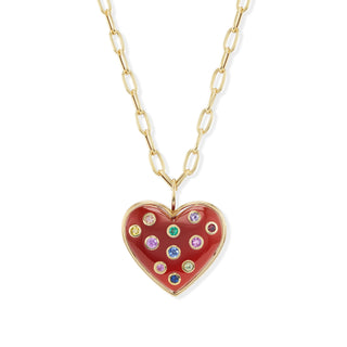 Medium Puff Heart Pendant with Carnelian and Multi-Colored Sapphires