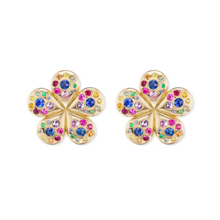 Medium Petal Flower Earrings with Rainbow Sapphires & Emeralds