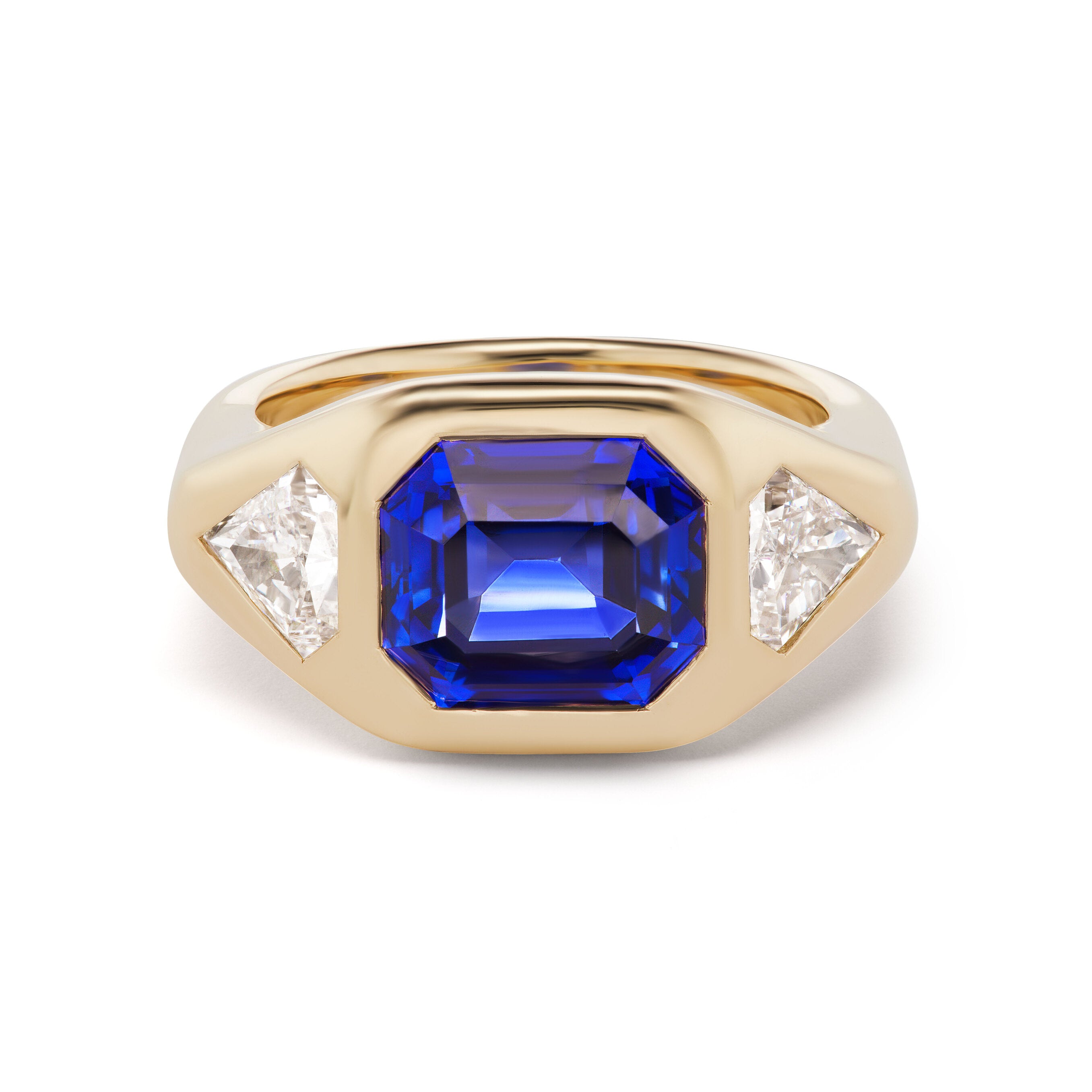 One-of-a-Kind BNS Ring with Emerald-Cut Sapphire and Diamond Shield Si ...