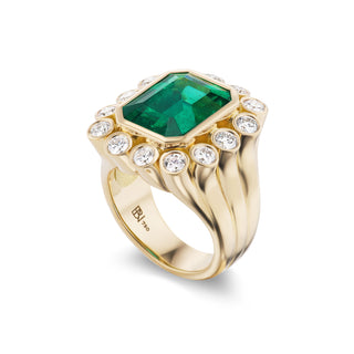 One-of-a-Kind Wildflower Ring with Emerald and Round Diamond Petals