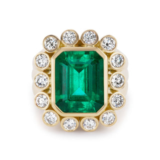One-of-a-Kind Wildflower Ring with Emerald and Round Diamond Petals