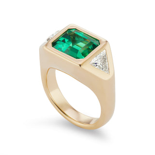 One-of-a-Kind BNS Ring with Emerald and Diamond Triangle Sides